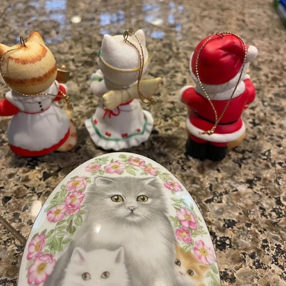 Sir Lanka Vintage Cat Ornaments and a 1981 Cat Porcelain Trinket Dish Ha…